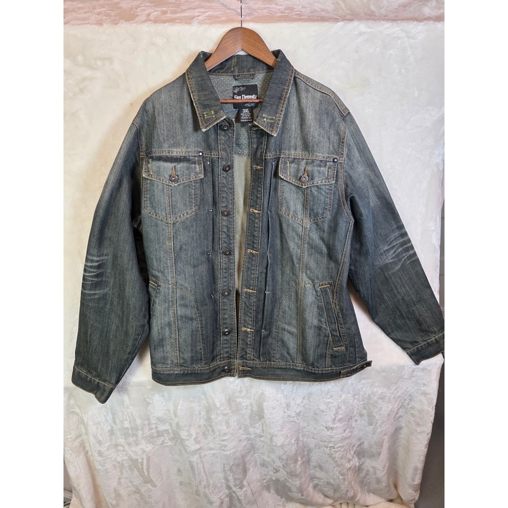 Five Elementz Mens 3XL‎ Dark Wash Denim Trucker Jacket Whiskered Faded Blue Jean